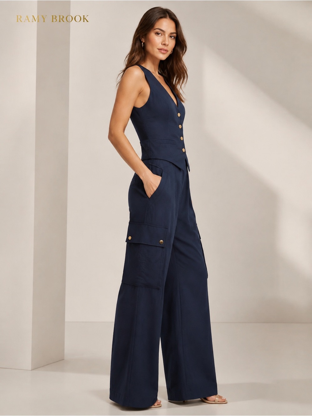 NWT Ramy Brook Emil SNavy Cargo Wide-Leg Pant Sz 4 Cosette Vest Top Sz Small - Picture 3 of 14